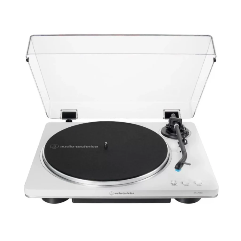 Audio-Technica AT-LP70X-WS – Tocadiscos de tracción por correa (Blanco y Plata)